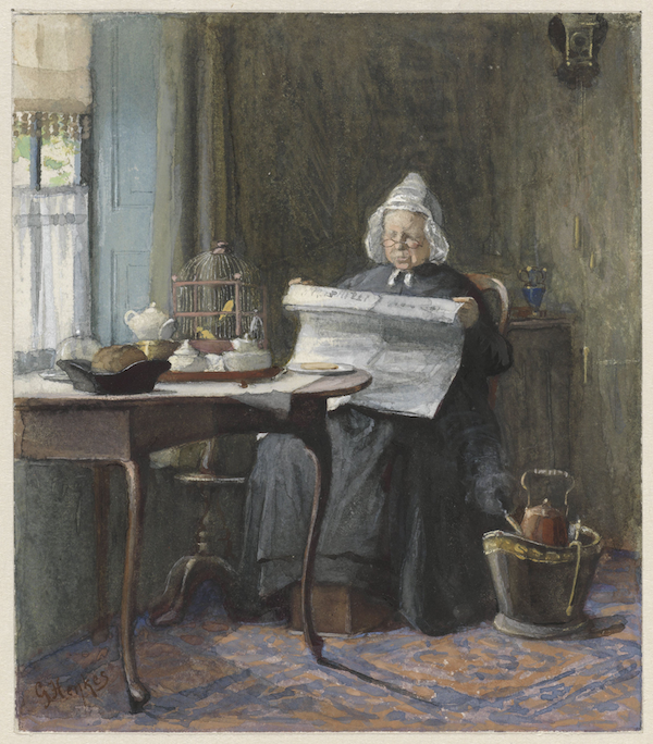 Interior with a woman reading the newspaper, by Gerke Henkes (1854 - 1927)